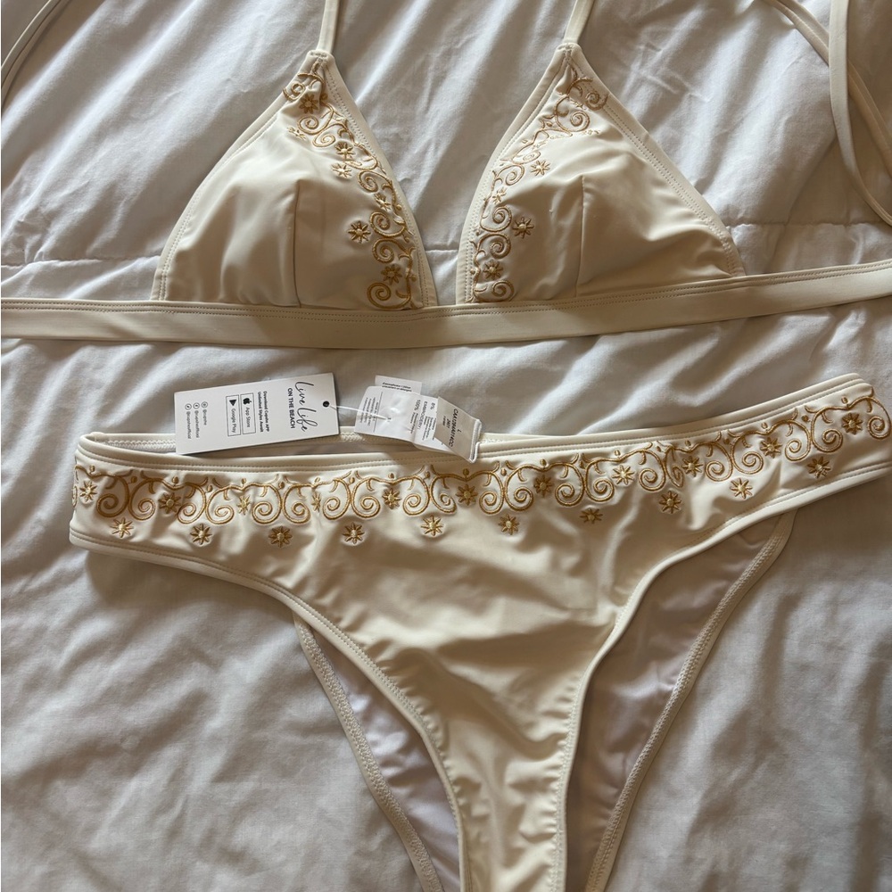 Cupshe Cream Embroidered Bikini Set with Gold Accents